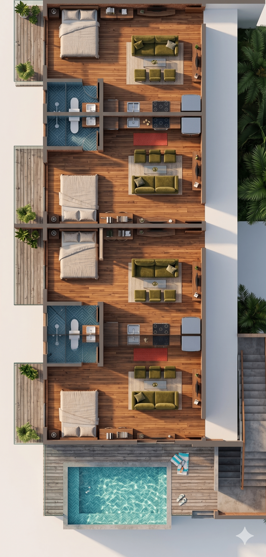 Planta baixa colorida de um andar do Brisa dos Corais com 4 studios de 30 m² e piscina