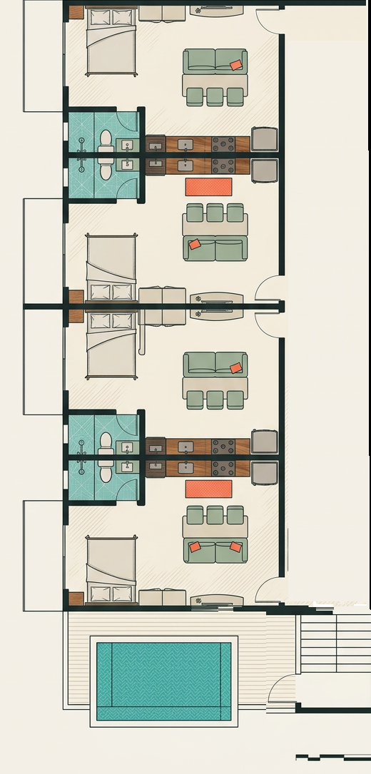 Planta baixa colorida de um andar do Brisa dos Corais com 4 studios de 30 m² e piscina