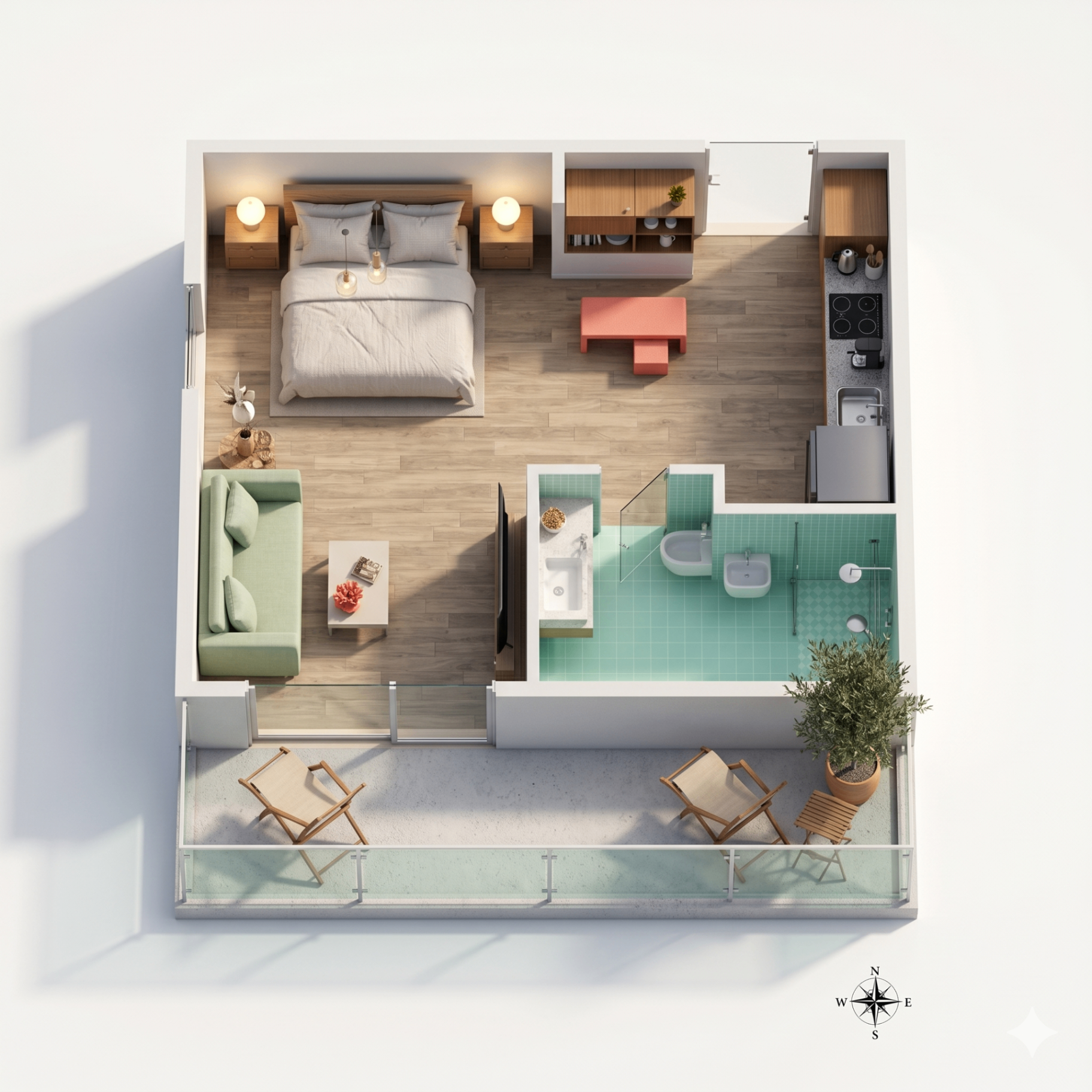Planta baixa de um studio de 30 m² com quarto, sala, cozinha, banheiro e varanda