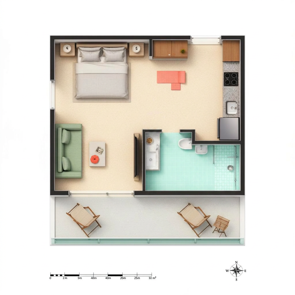 Planta baixa de um studio de 30 m² com quarto, sala, cozinha, banheiro e varanda