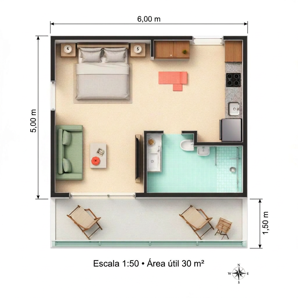 Planta baixa de um studio de 30 m² com quarto, sala, cozinha, banheiro e varanda